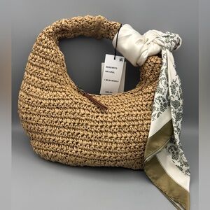 Steve Madden Natural/Tan Woven Hobo with Ivory & Olive Scarf